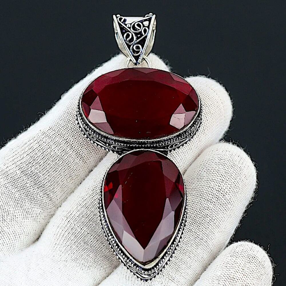 Antique Ruby Pendant Necklace, Sterling Silver, Double Gemstone, Stateme… - Picture 6 of 11
